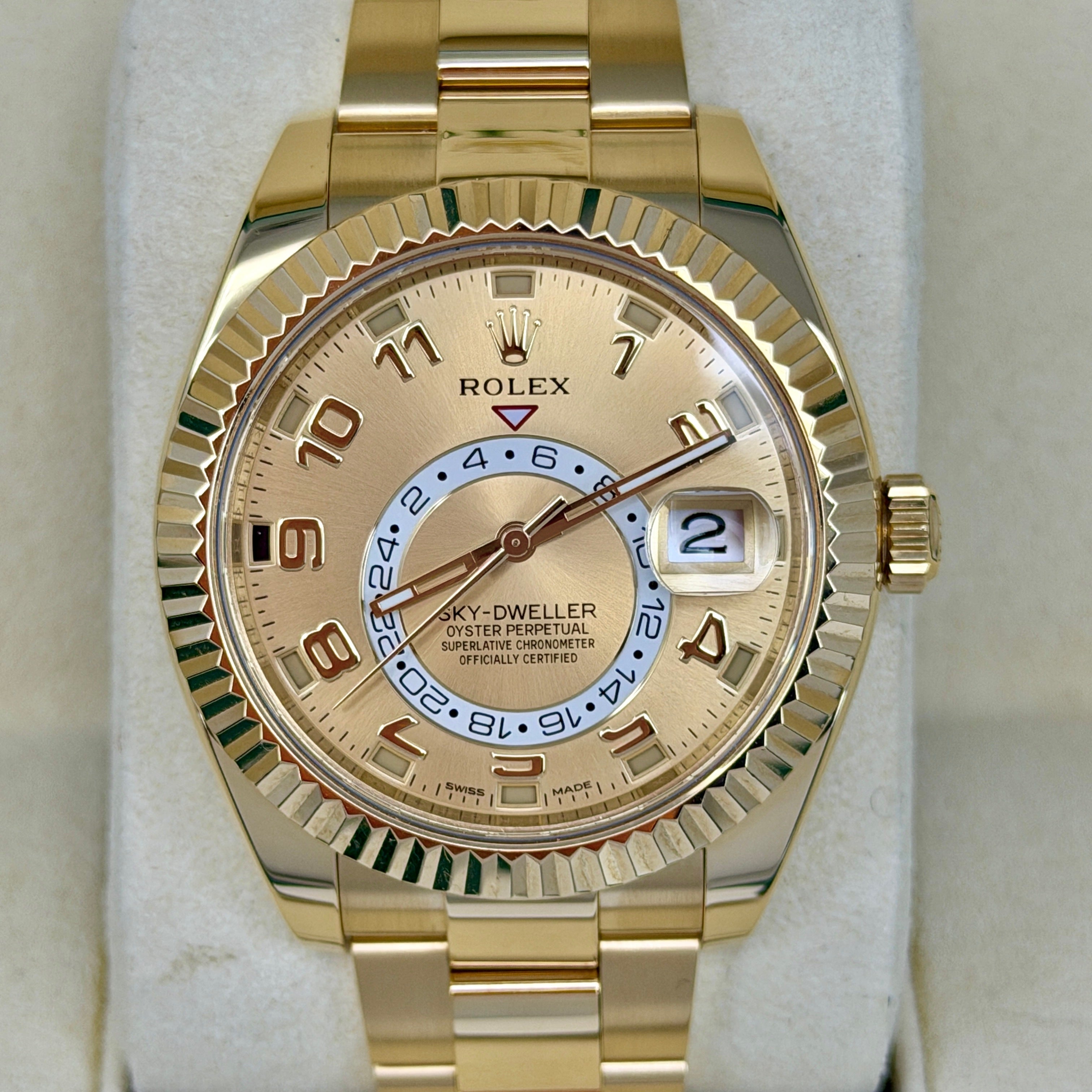 Rolex Sky-Dweller 42mm Champagne Dial Fluted Bezel 18K Yellow Gold Oys
