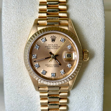 Rolex Lady-Datejust 26mm Factory Diamond Champagne Dial 18K Yellow Gold Fluted Bezel 1997 FULL SET BOX PAPERS