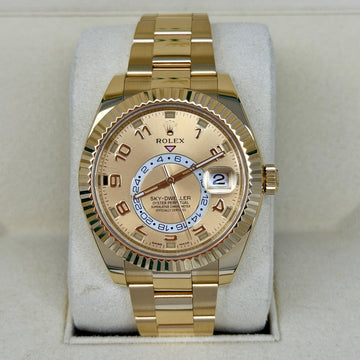Rolex Sky-Dweller 42mm Champagne Dial Fluted Bezel 18K Yellow Gold Oyster Bracelet FULL SET BOX PAPERS 2025 ROLEX CERTIFIED PRE OWNED WARRANTY