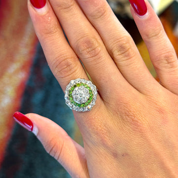 Antique Green Garnet Halo Cluster Diamond 4 CT Ring 18K Yellow Gold