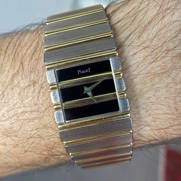 Piaget Polo Zebra Men's 25 mm Gold Dial 18K Yellow Gold White Gold Quartz Movement 7131C701 Unpolished 7.5 Inches Long Two Tone