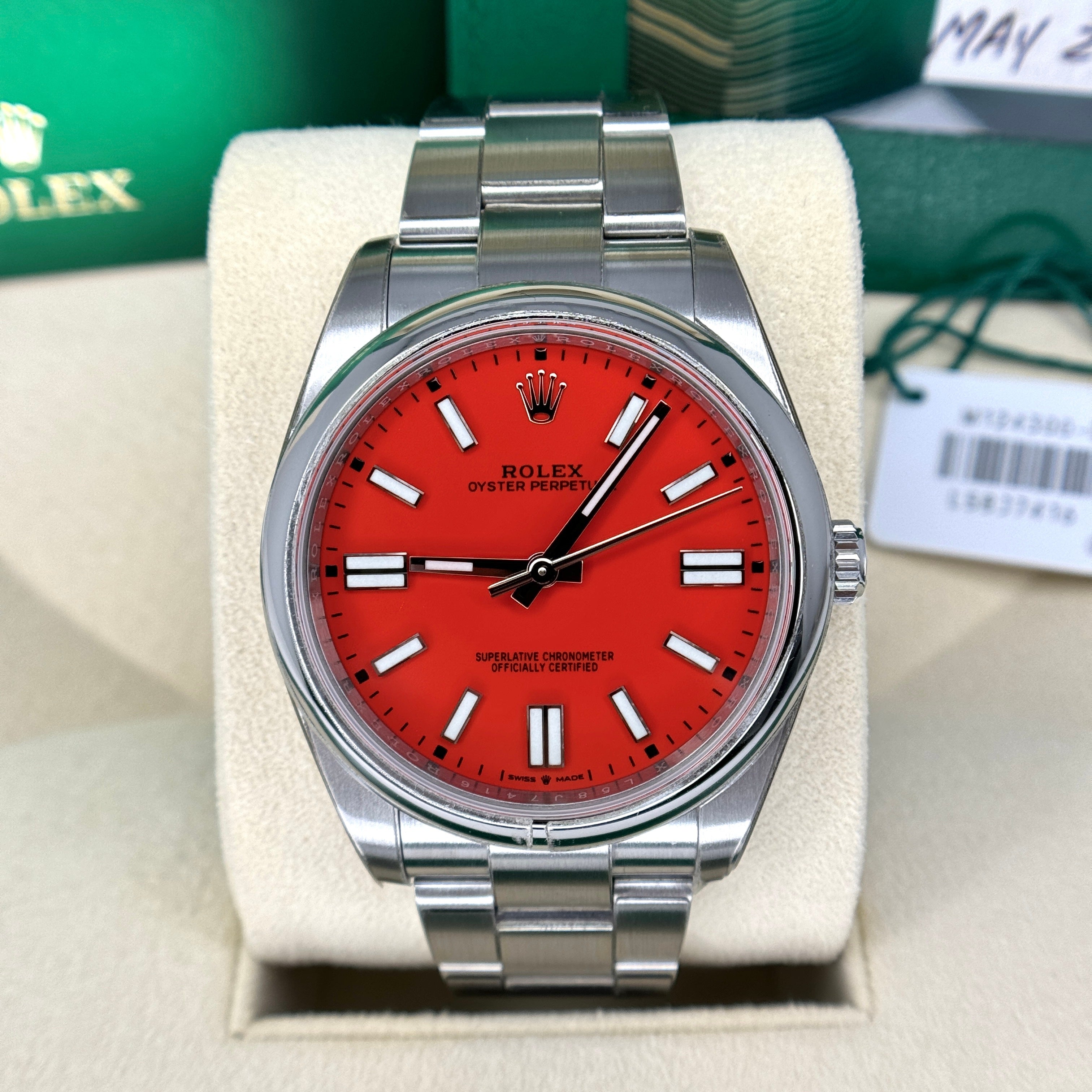 Rolex Oyster Perpetual 41 41mm Smooth Bezel Coral Red Dial Stainless S