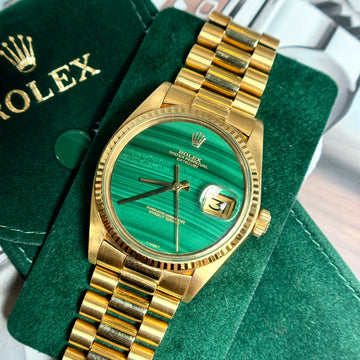 Rolex Datejust 36 FACTORY Malachite Green Dial 18K Yellow Gold President Bracelet Year 1978 Ref 1601