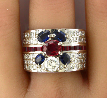 Estate Platinum 900 1.50 CT Sapphire 1.78 CT Diamond Ruby 1.87 CT Vintage Ring