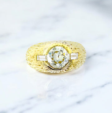 Estate Vintage 1.25 ct Old European Diamond 18K Yellow Gold Hammered 12.5 grams
