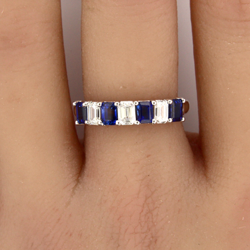Blue Sapphire and Diamond Anniversary Band 7 Stones Emerald Cut 14K White Gold