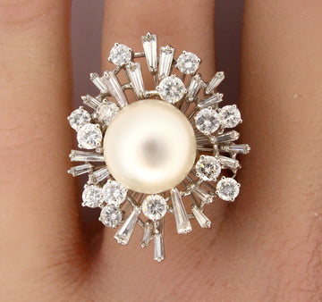 Vintage South Sea Pearl and Natural Diamond 2.2 CT 18K White Gold Ring