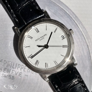 Patek Philippe Calatrava 18K White Gold Automatic Date Black Leather Band 3802G