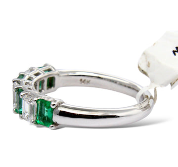 Green Emerald and Diamond Anniversary Band 7 Stones 1.36 CT 14K White Gold Ring