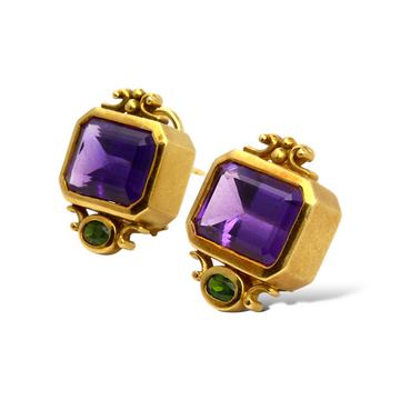 SeidenGang Amethyst & Green Tourmaline Clip-On Earrings 18K Yellow Gold