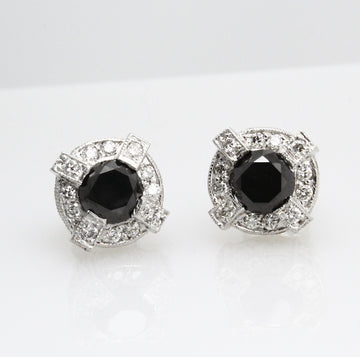 Estate 14K White Gold Natural Black 1.50 CT and White 0.65 CT Diamond Earrings
