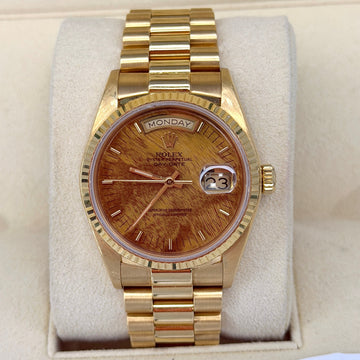 Rolex Day-Date 36 36mm President Factory Burl Wood Dial 18K Yellow Gold Fluted Bezel 18038 UNPOLISHED NO SAG BRACELET YEAR 1985 SERVICED