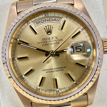 Rolex Day-Date 36 President Champagne Dial 18K Yellow Gold Double Quick Fluted Bezel 18238 1990