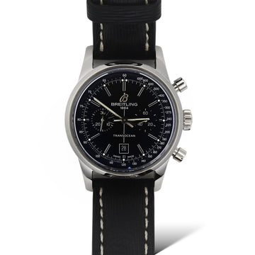 Breitling Transocean Chronograph 38 Black Dial Leather Band Steel Box Paper 2015