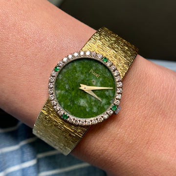 Piaget Vintage Green Jade Stone Dial Diamond Emerald Bezel 18K Yellow Gold Manual Wind