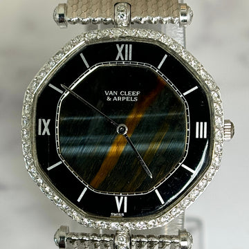 Van Cleef & Arpels Vintage 18K White Gold Tiger's Eye Quartz Dial Diamond Bezel