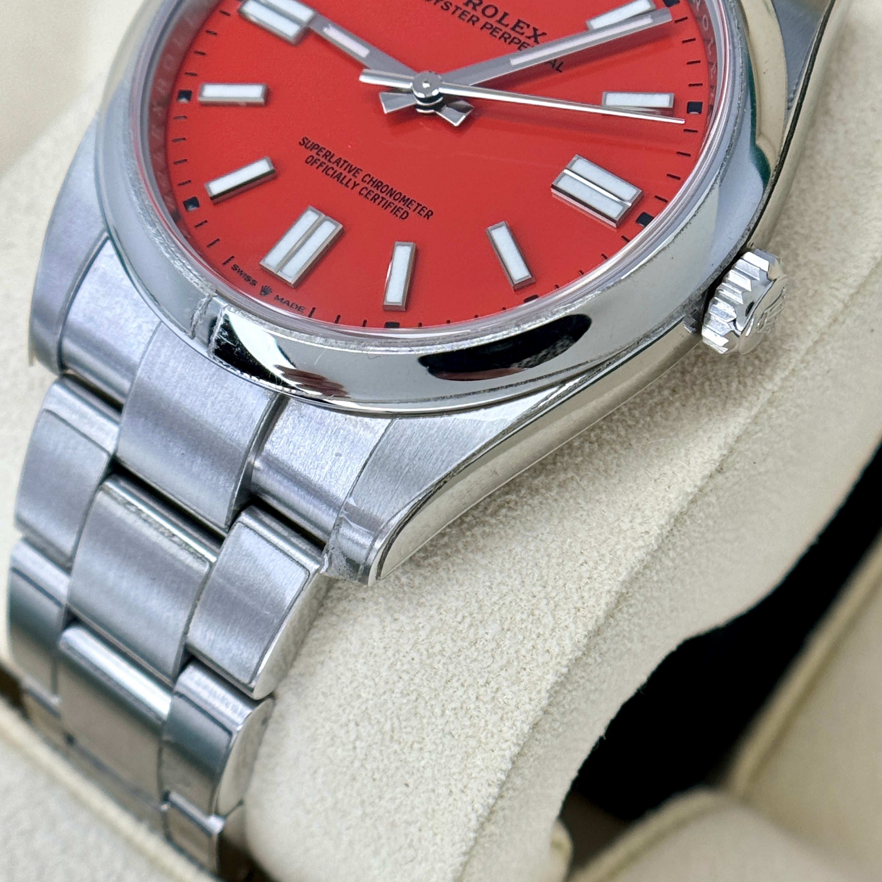 Rolex Oyster Perpetual 41 41mm Smooth Bezel Coral Red Dial Stainless S