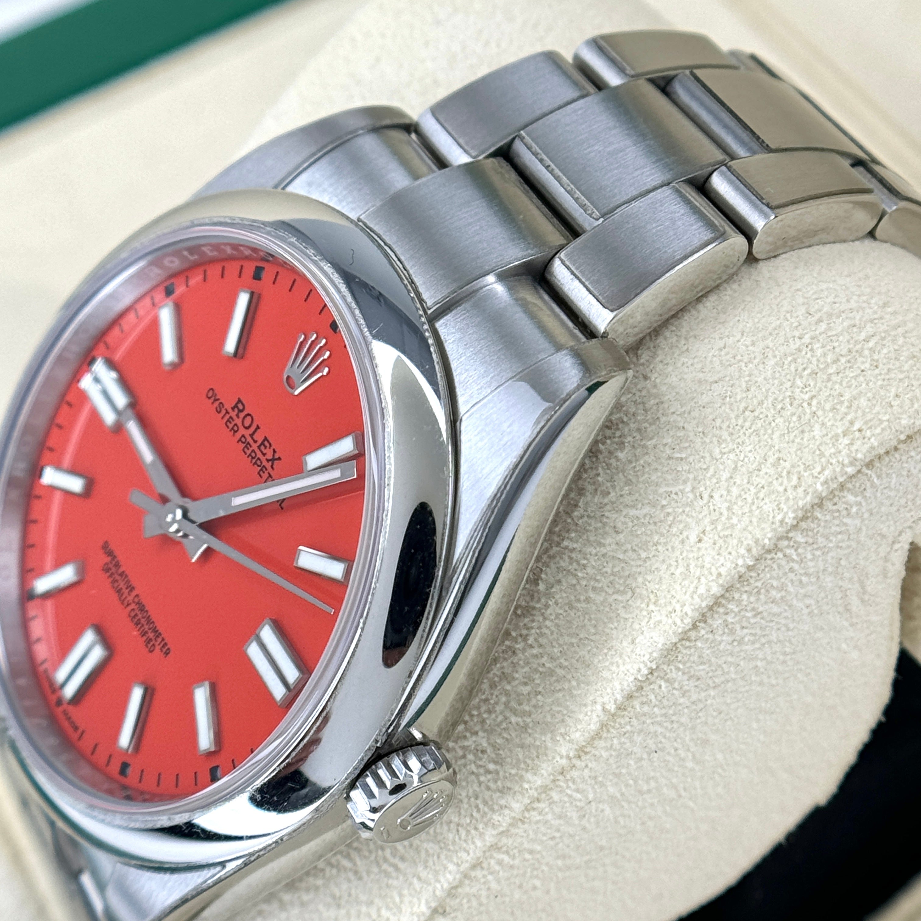 Rolex Oyster Perpetual 41 41mm Smooth Bezel Coral Red Dial Stainless S