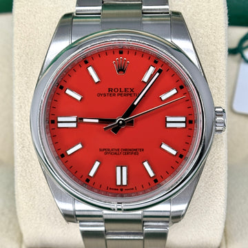 Rolex Oyster Perpetual 41 41mm Smooth Bezel Coral Red Dial Stainless Steel Oyster Bracelet (2021) FULL SET BOX PAPERS