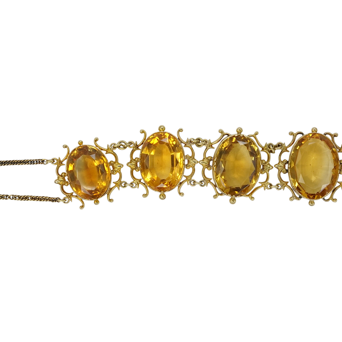 Antique Georgian Victorian Natural Oval Cut Citrine Necklace in 14K & 22K Yellow Gold with leaf and scroll motifs, close up.