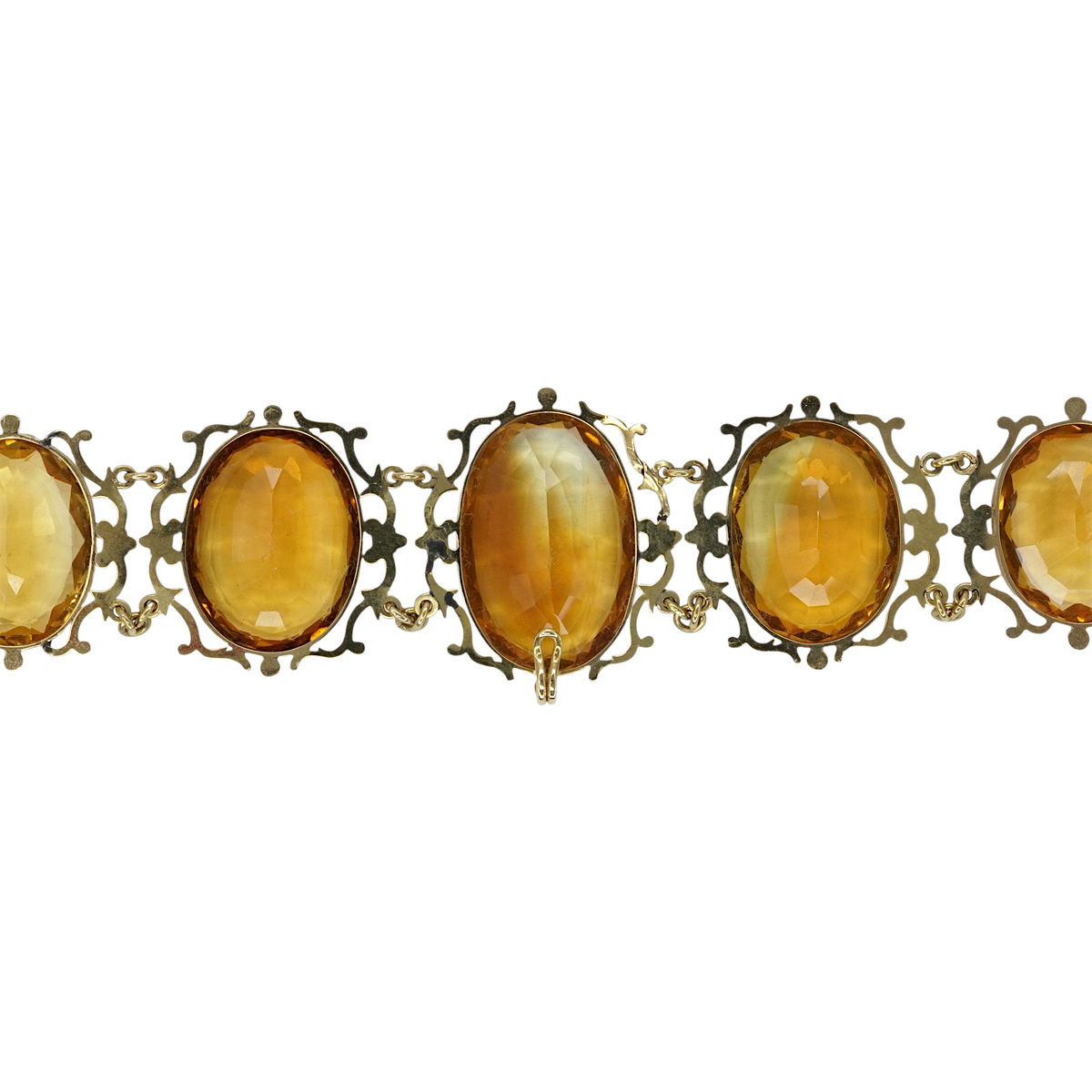 Antique Georgian Victorian Natural Oval Cut Citrine Necklace in 14K & 22K Yellow Gold with leaf and scroll motifs, close up.
