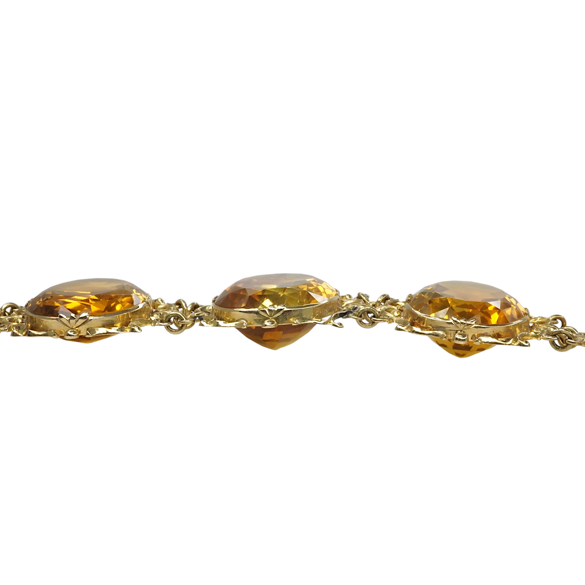 Antique Georgian Victorian Natural Oval Cut Citrine Necklace in 14K & 22K Yellow Gold with leaf and scroll motifs, close up.