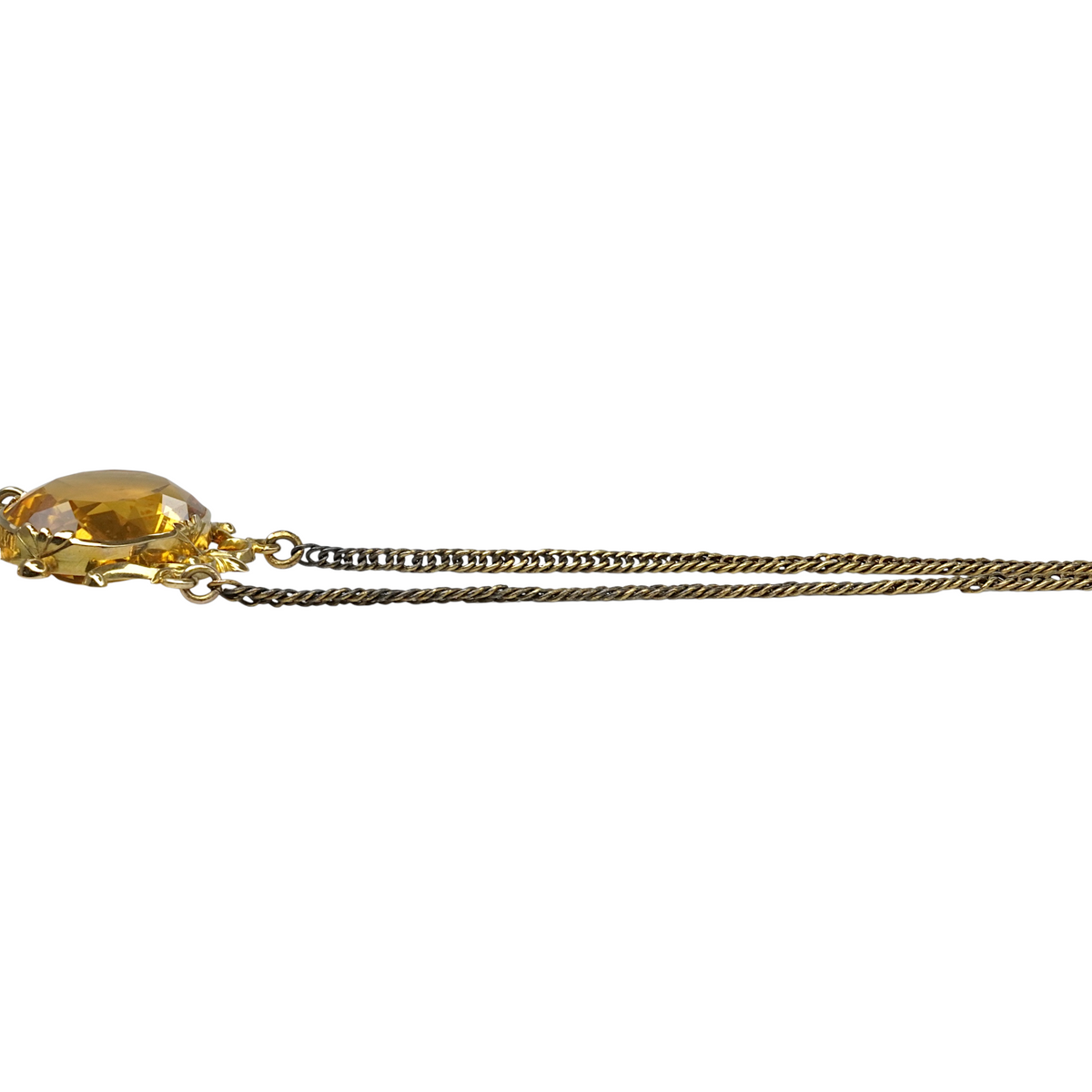 Antique Georgian Victorian Natural Oval Cut Citrine Necklace in 14K & 22K Yellow Gold with leaf and scroll motifs, close up.