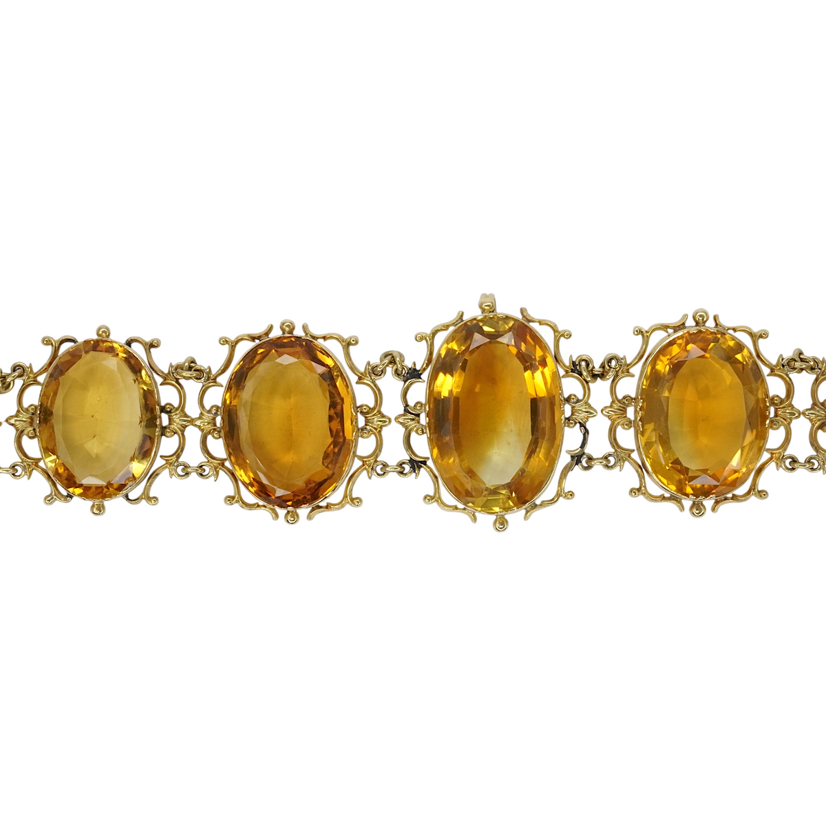 Antique Georgian Victorian Natural Oval Cut Citrine Necklace in 14K & 22K Yellow Gold with leaf and scroll motifs, close up.