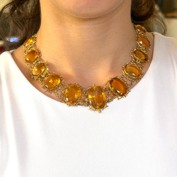 Antique Georgian Victorian Natural Oval Cut Citrine Necklace in 14K & 22K Yellow Gold with leaf and scroll motifs, on model.