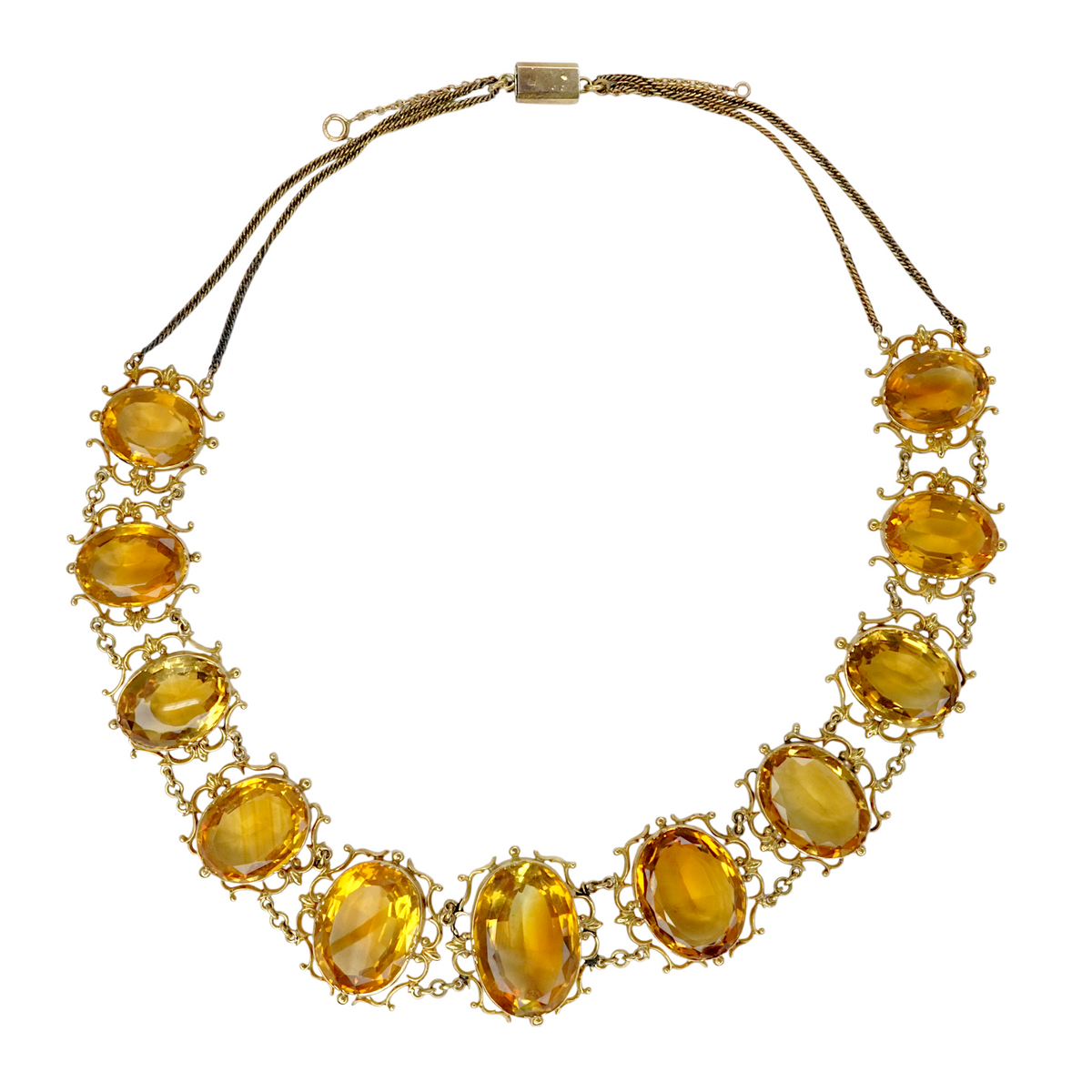 Antique Georgian Victorian Natural Oval Cut Citrine Necklace in 14K & 22K Yellow Gold with leaf and scroll motifs, front view