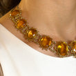 Antique Georgian Victorian Natural Oval Cut Citrine Necklace in 14K & 22K Yellow Gold with leaf and scroll motifs, on model.