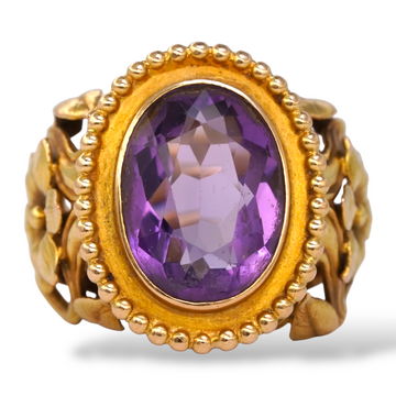 Art Nouveau Antique Amethyst Ring 13K - 18K Yellow Gold Ring Flower Size 7