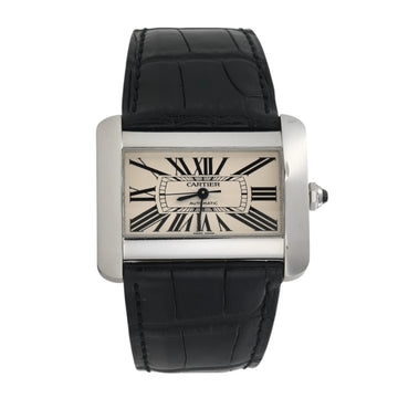 Cartier Tank Divan XL 38mm Automatic White Roman Dial Steel Black Leather Band REF 2612