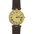 Cartier Vendome Must De Cartier 30mm Quartz Gold Plated Silver Leather Brown Band 1990s Vermeil 20 Microns Ref 590003