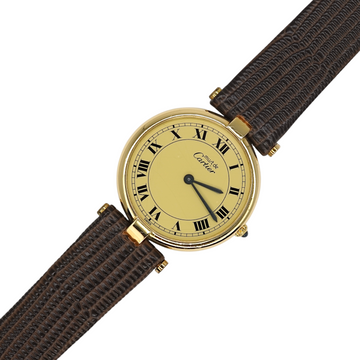 Cartier Vendome Must De Cartier 30mm Quartz Gold Plated Silver Leather Brown Band 1990s Vermeil 20 Microns Ref 590003