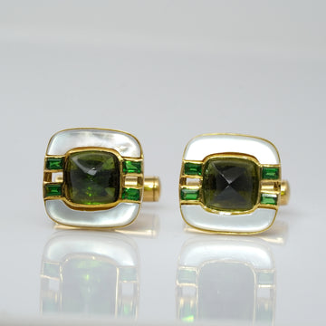 Contemporary Green Tourmaline & Tsavorite and Mother of Pearl Cufflinks 18K Yellow Gold