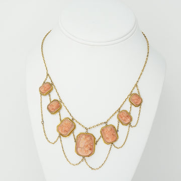 Antique Victorian Coral Cameo Hand Carved Necklace 12K Yellow Gold 16.85 Inch