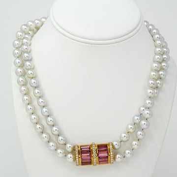 South Sea Light Grey Pearl Necklace Pink Tourmlaine and Natural Diamonds GIA 18K Yellow Gold