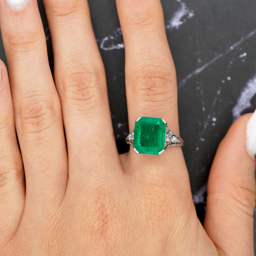 Green Emerald 4.25 CT Colombian GIA Certified Diamond Antique Ring Platinum 6.5