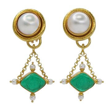 Elizabeth Locke Chandelier Mobe Pearl Green Intaglio Glass Drop Dangle Earrings 18K Yellow Gold
