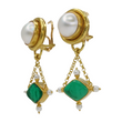 Elizabeth Locke Chandelier Mobe Pearl Green Intaglio Glass Drop Dangle Earrings 18K Yellow Gold
