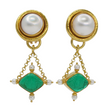 Elizabeth Locke Chandelier Mobe Pearl Green Intaglio Glass Drop Dangle Earrings 18K Yellow Gold