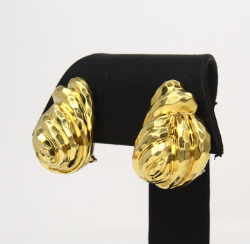 HENRY DUNAY Vintage Ridged Sculptured Hammered Earrings 18K Yellow Gold