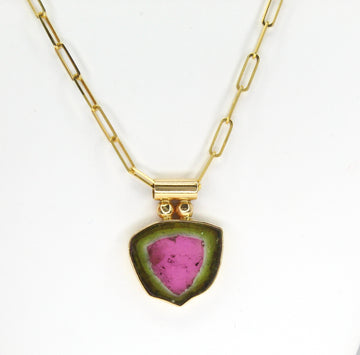 Watermelon Tourmaline Pendant Paperclip Necklace 14K Yellow Gold 19 Inches