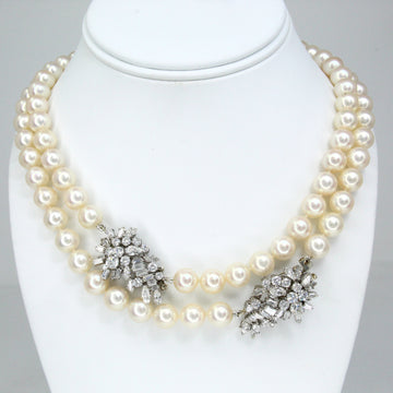 Set of 2 Cultured Pearl Natural Diamond Necklaces Platinum 18 Inch