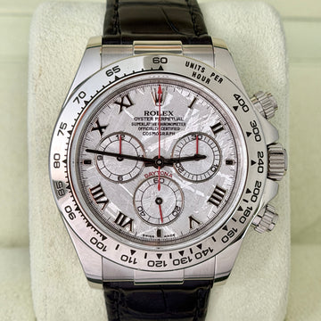 Rolex Daytona 40 RARE Meteorite Dial Black Leather Bracelet 18K White Gold 116519 FULL SET BOX PAPERS Year 2002