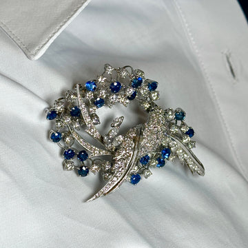 Swallow Bird Natural Diamond 14 to 17 CT Sapphire Brooch Pin Platinum