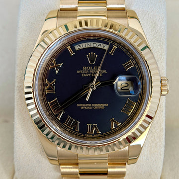 Rolex Day-Date II 41 President 18K Yellow Gold Black Matte Roman Dial Fluted Bezel Ref. 218238 FULL LINKS UNPOLISHED NO SAG ORIGINAL BOX 2012