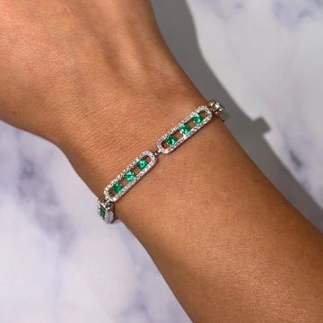 Green Emerald Natural Diamond 4 CTTW Link Tennis Bracelet 14K White Gold 7 Inch