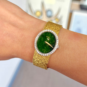 Piaget Vintage Green Jade Dial Diamond Bezel 24mm Manual 18K Yellow Gold Ref 9826A6 Serviced 2026 Unpolished All Original 5.8 Inches Long